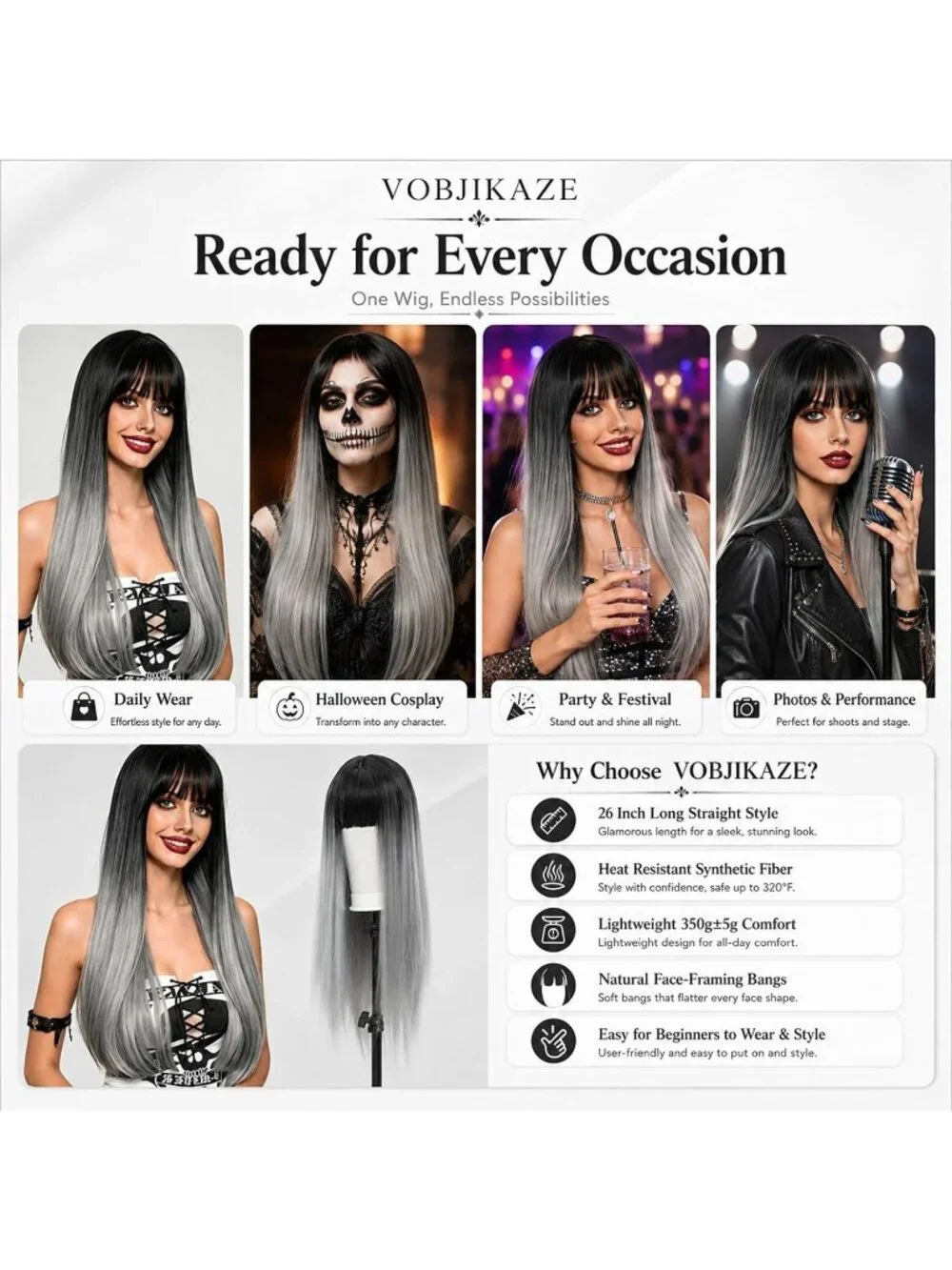 Women's Silver Grey 26 Inch Heat Resistant Synthetic Long Straight Wigs Bangs